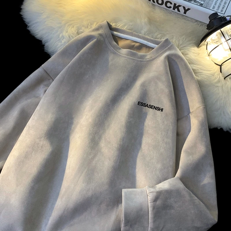 重磅仿麂皮长袖t恤男款春秋潮流百搭简约印花卫衣潮牌宽松打底衫