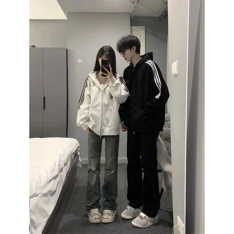 400克重磅三条杠开衫卫衣男秋冬加绒潮流情侣潮牌运动连帽衫外套