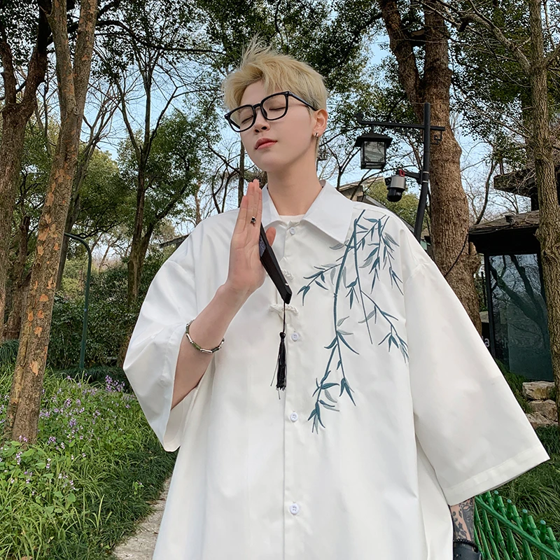 白色新中式国风盘扣刺绣短袖衬衫男装夏冰丝高级感潮牌七分袖衬衣