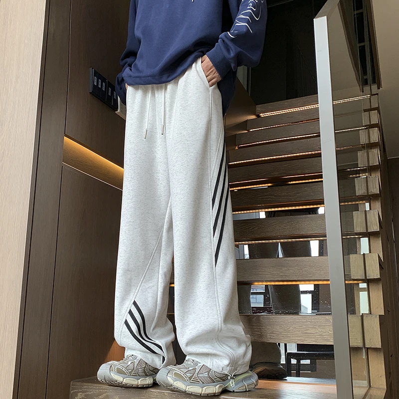 白花灰色条纹重磅裤子男秋季潮牌美式直筒运动裤宽松阔腿休闲卫裤
