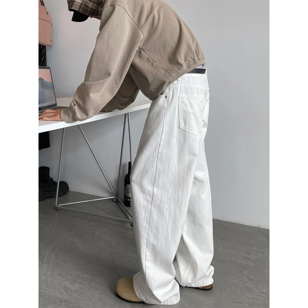 白色cleanfit弯刀水洗牛仔裤男春秋美式高街潮牌宽松直筒阔腿裤子