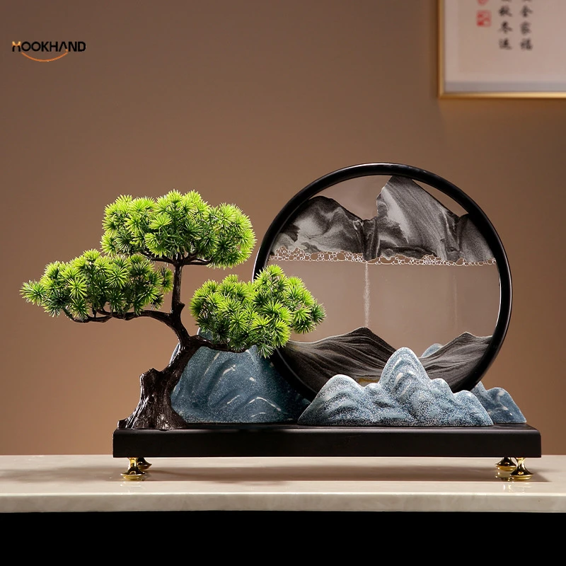 创意新中式流沙画摆件迎客松假山工艺品水墨江山酒柜玄关客厅