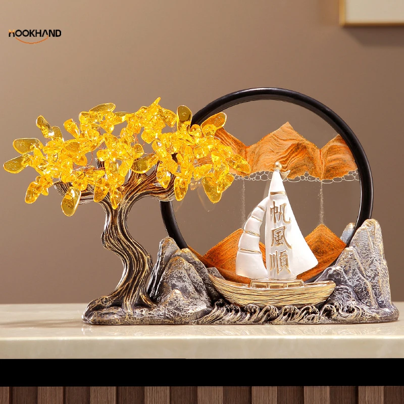 新中式一帆风顺流沙画摆件客厅电视柜玄关办公室装饰乔迁开业礼品