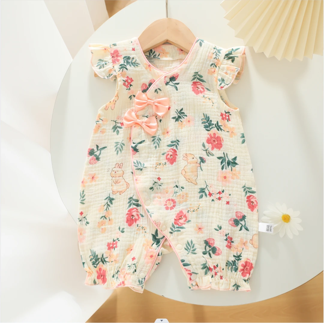 婴幼儿夏季短袖短爬服连体衣包屁衣A类纱布面料纯棉盘口国风旗袍