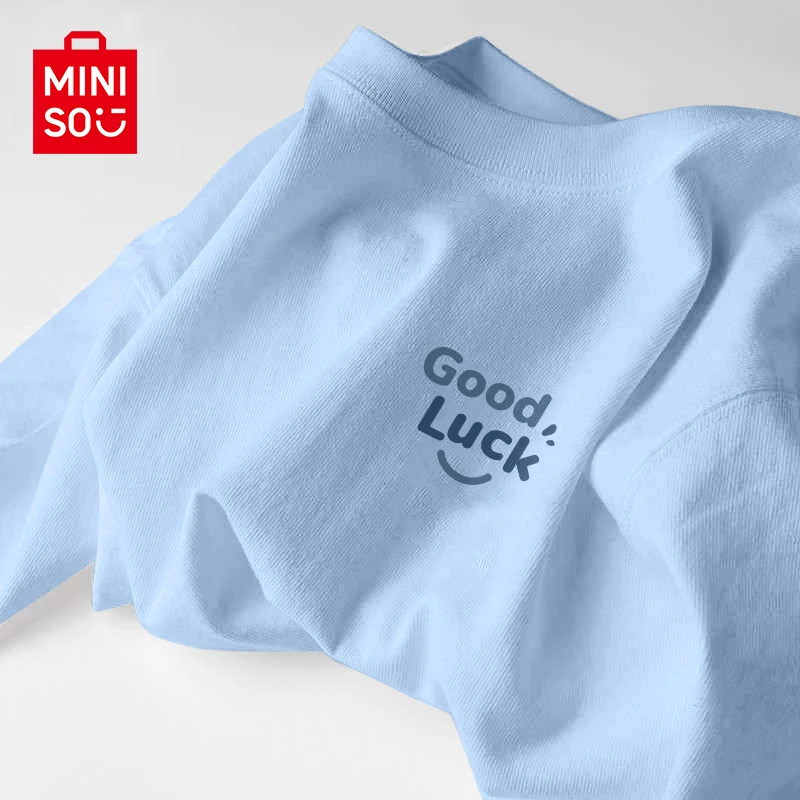 MINISO/名创优品蓝色正肩t恤男夏季宽松日系少年感简约短袖男款