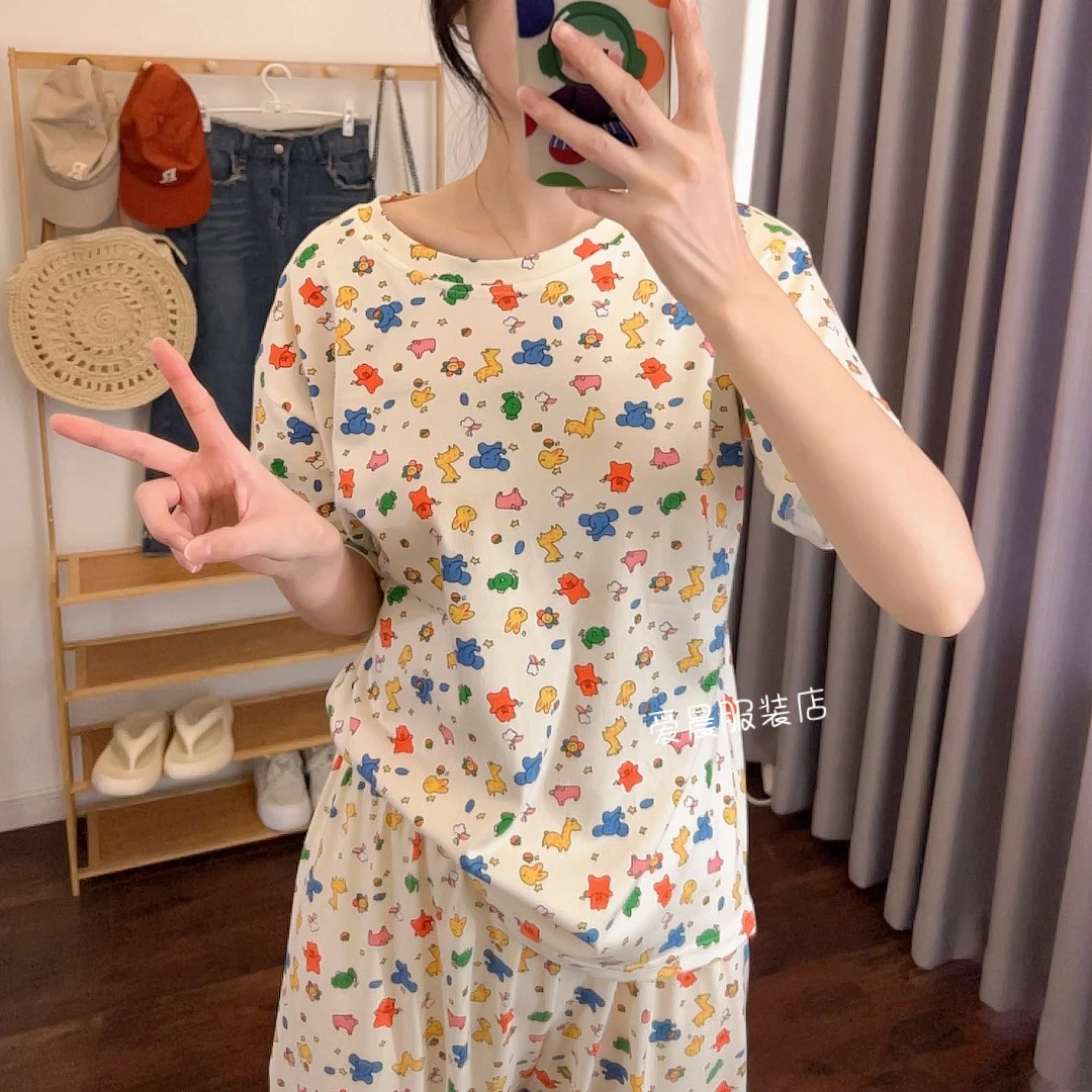遛弯套装两件套睡衣女宽松动物世界夏季短袖长裤休闲家居服小清新