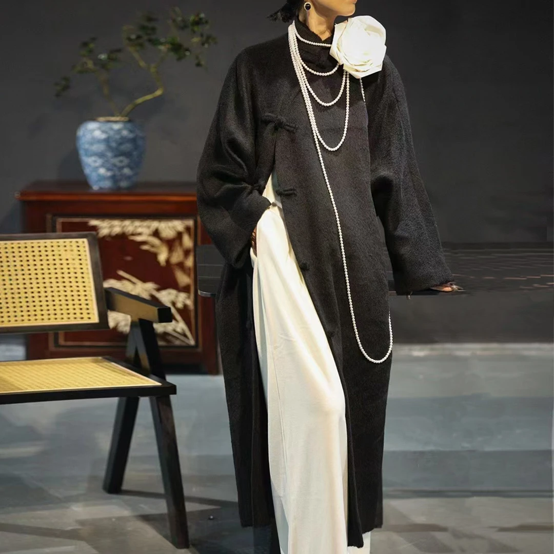【李小姐LY】苏力贝贝重工重磅黑色大衣宽松中长款秋冬双面毛呢外套