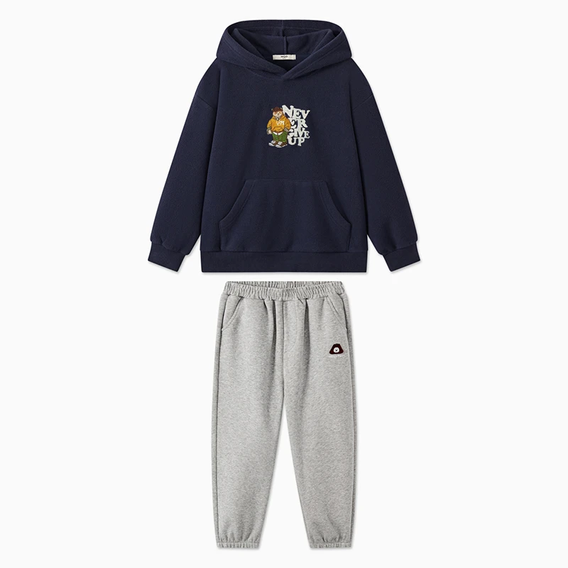 MQD童装儿童24秋新款小熊绣花连帽卫衣套装TCW0621B