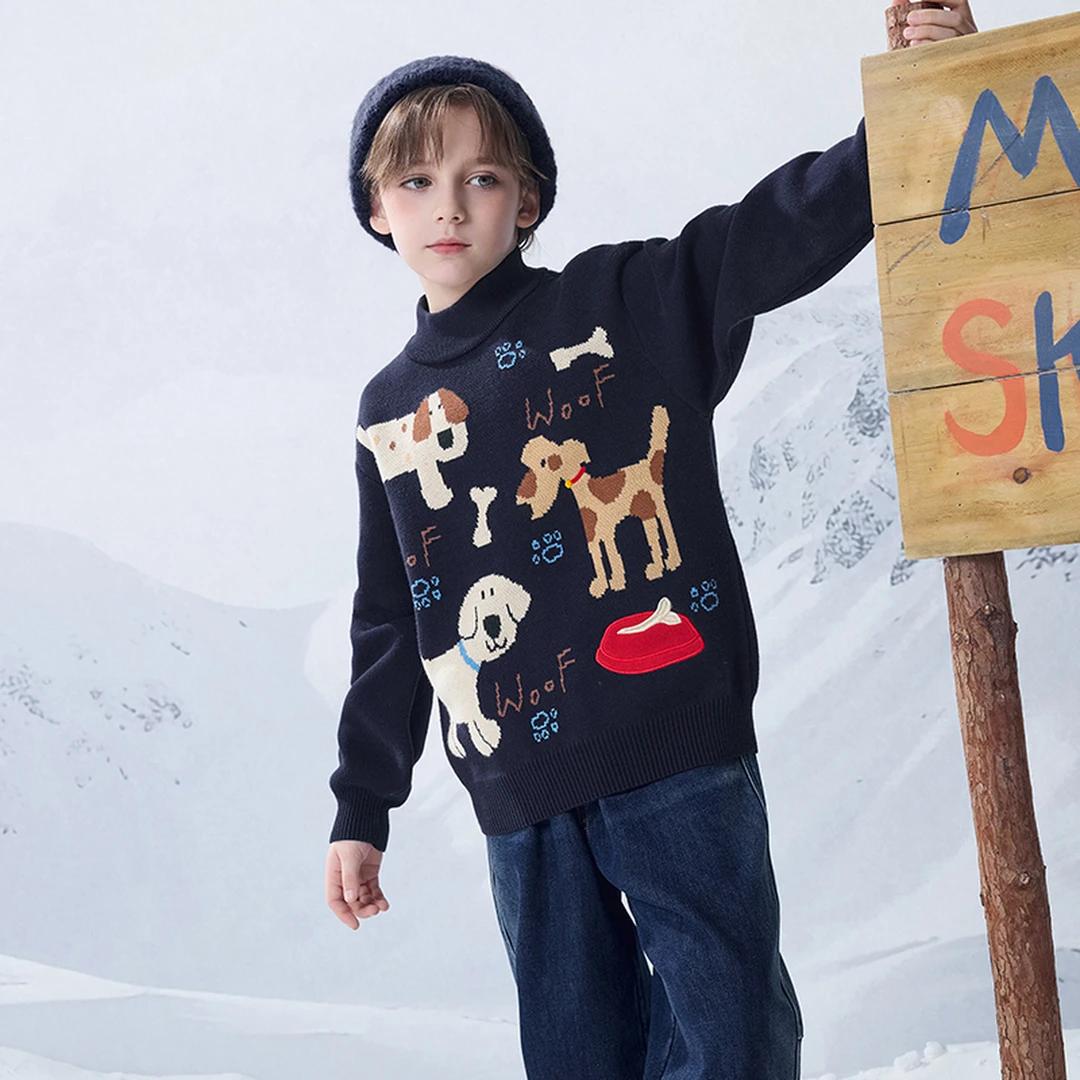 MQD童装冬季新品学院风潮酷休闲卡通保暖半高领毛衣儿童女童男童