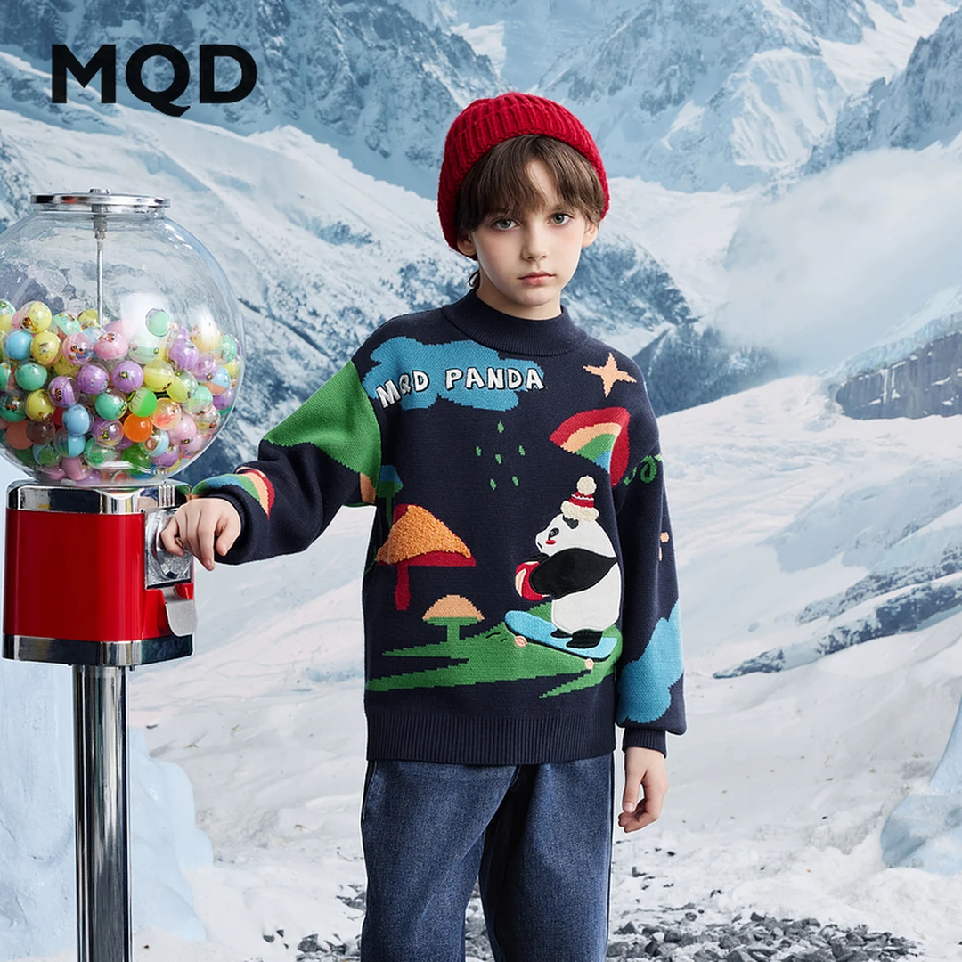 MQD童装冬季新品卡通满版学院风熊猫毛衣保暖亲肤上衣9644W0726