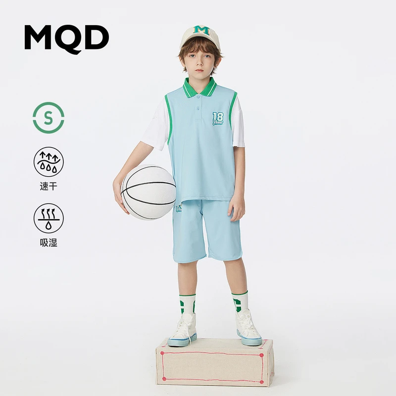 MQD童装吸湿速干套装夏新款翻领字母上衣条纹短裤943222214