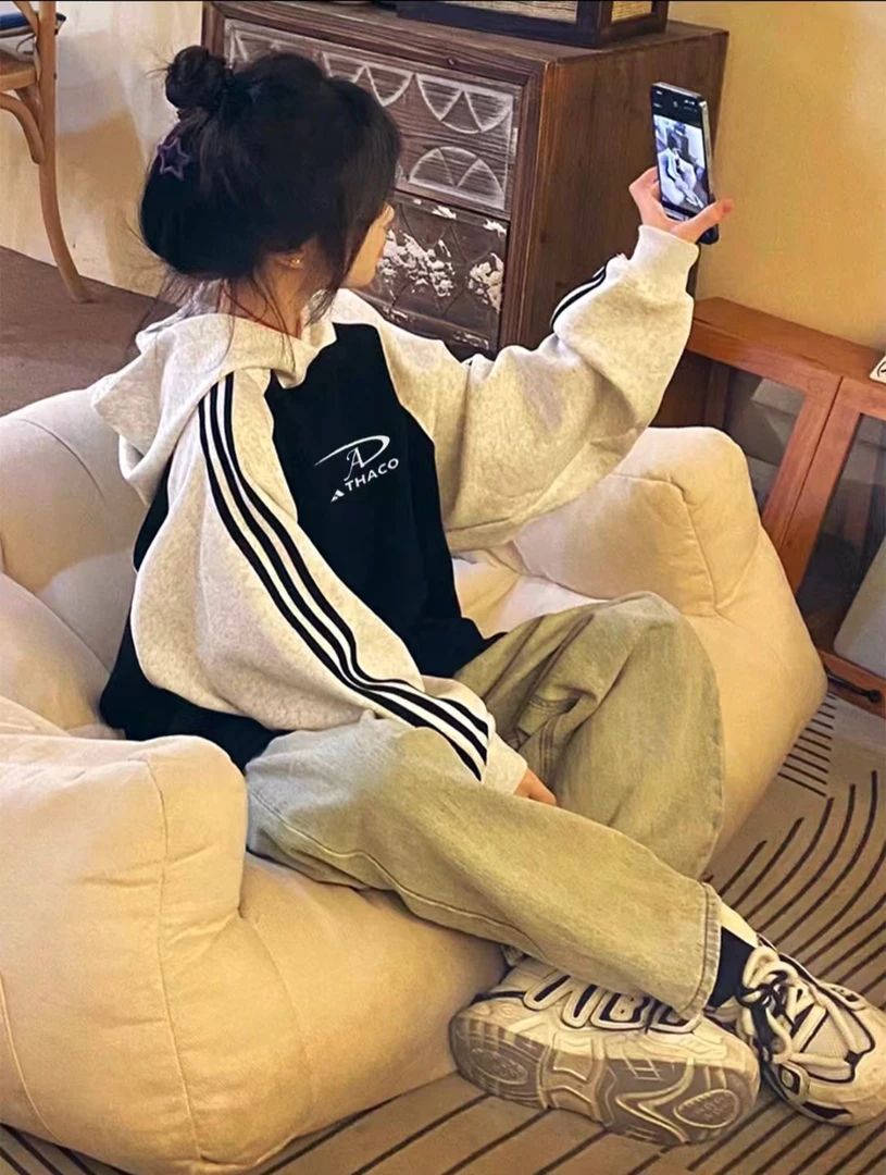 美式学院风三条杠连帽卫衣女秋季学生宽松卫衣w2442-ww009