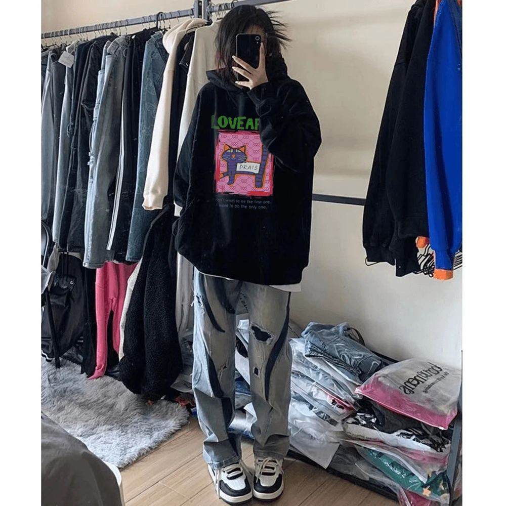 新款潮牌甜美温柔风法式上衣ins猫猫巴士宽松休闲圆领连帽卫衣