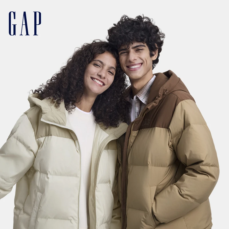 Gap男女装秋冬新款防风撞色连帽羽绒服情侣短款外套680496