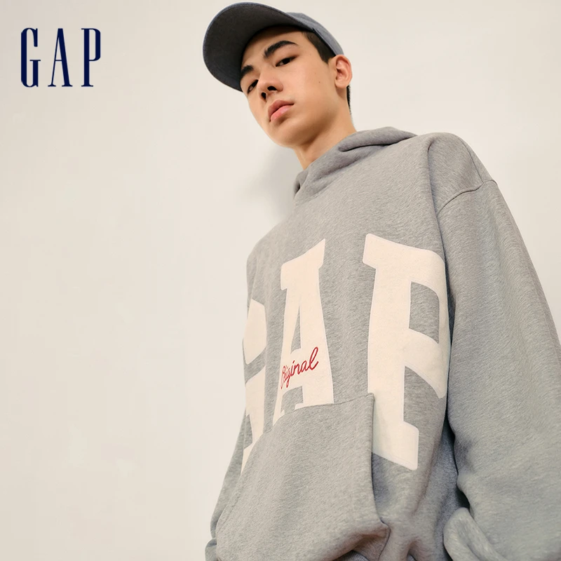 Gap男女装新款碳素软磨抓绒印花logo美式连帽卫衣DR 637863