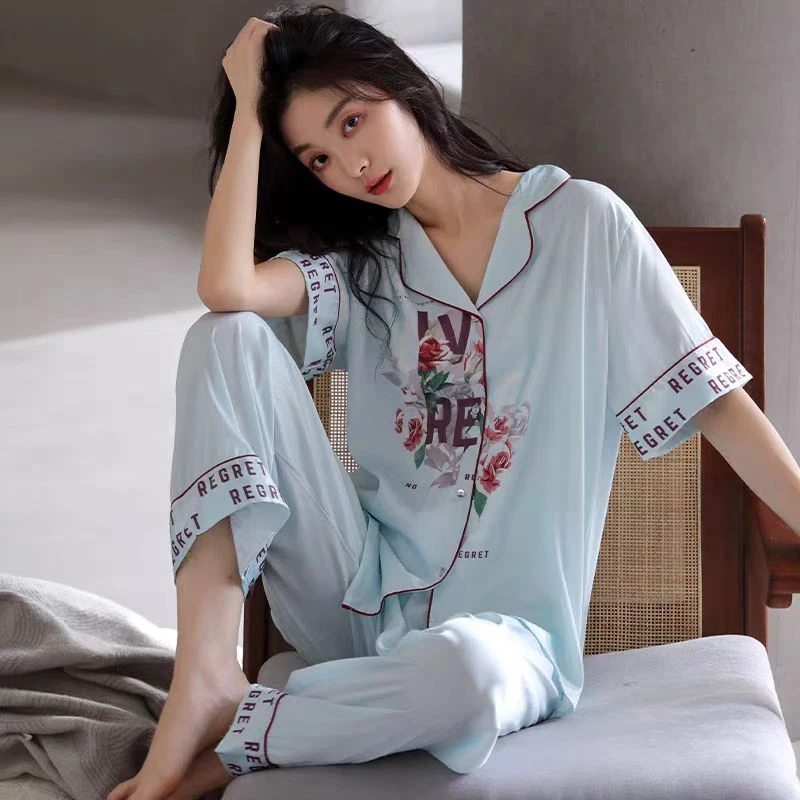 Y71 新款休闲风时尚百搭蓝色睡衣家居服短袖套装夏秋季