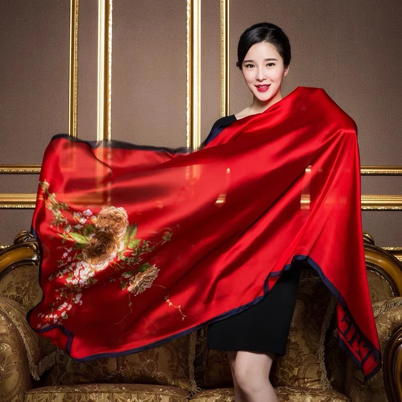 55E  牡丹夏季百搭时尚印花长巾高端披肩90*180cm