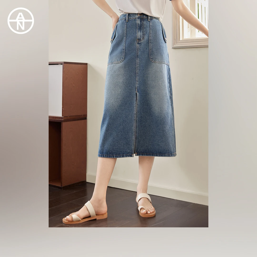 AN大码女装复古高腰遮胯牛仔半身裙夏季微胖mm 显瘦开又A字中长裙