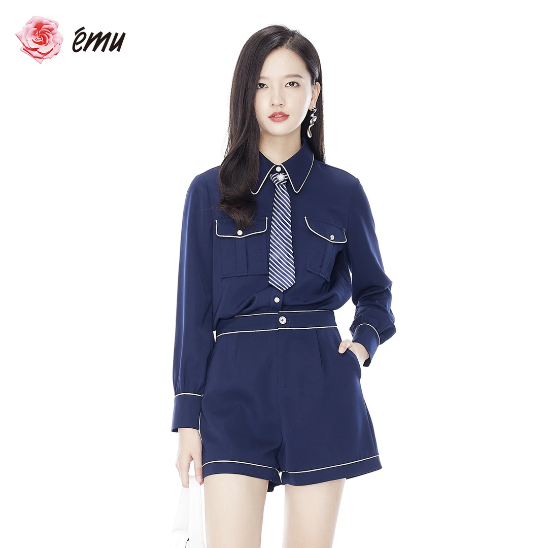 【媛媛女王】emu/依妙翻领长袖衬衫高腰短裤休闲两件套套装【含领