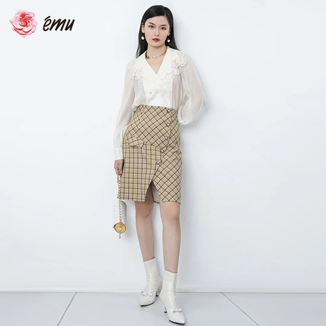 【媛媛专享】68格子开衩高腰半裙132140010套装半身裙