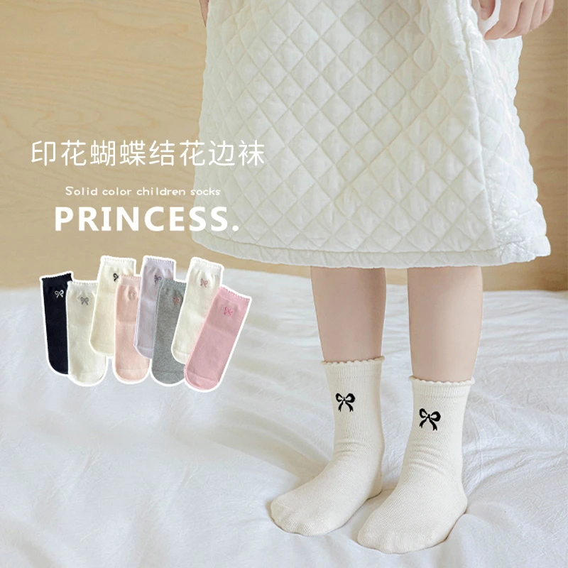 【现货】2025秋款上新儿童袜子简约秋款中筒袜ins韩系蝴蝶结花边