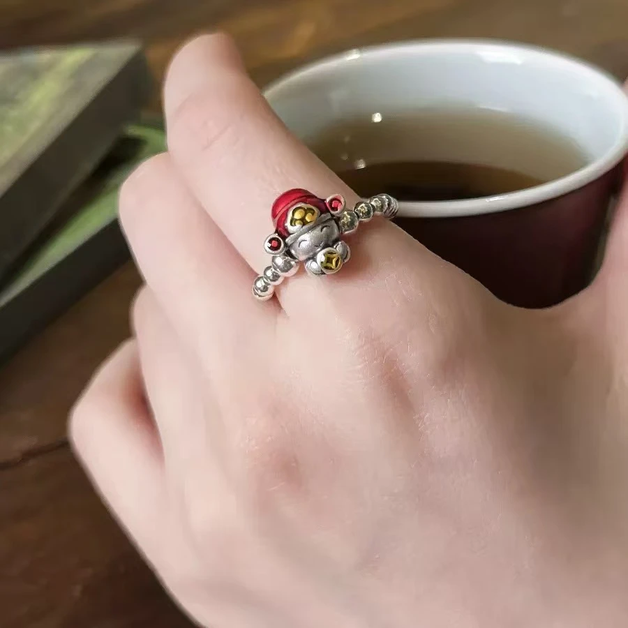 足银戒指 复古风财神爷戒指搭配光珠招财进宝指环弹力民族风时尚