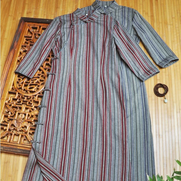 【幽怀】素荷原创 棉色织条旗袍改良版全开襟夏装中长款格子复古