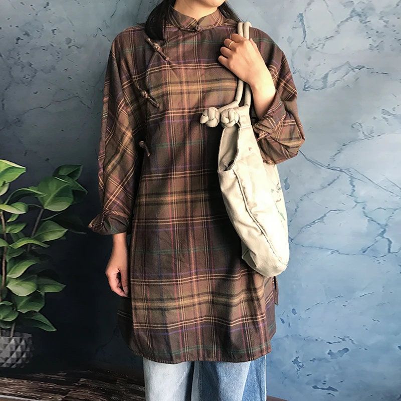 【缱绻】素荷原创 全棉斜纹格子宽松中式上衣复古百搭飒爽连肩袖