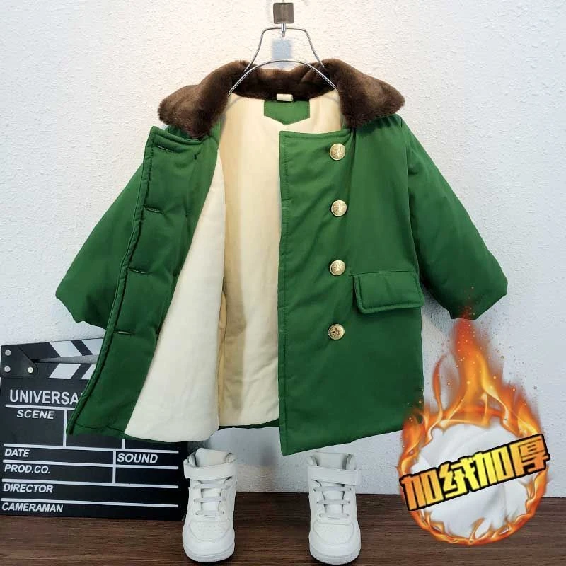 儿童冬季加厚外套宝宝中长款冬装棉衣男童保暖绿色大衣防寒棉服潮