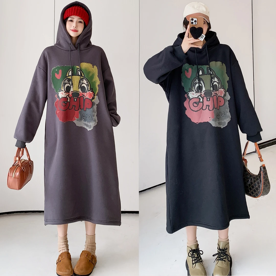 清清价 秋冬上新 加绒加厚小松鼠印花大码卫衣裙中长款连衣裙女