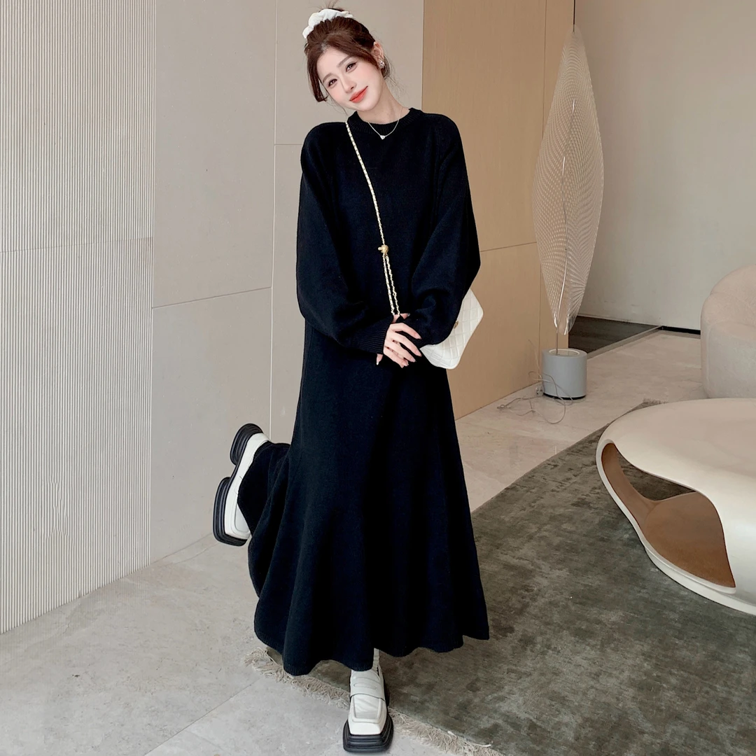 秋冬裙子/小众设计长款赫本风长袖荷叶边黑色气质复古连衣裙
