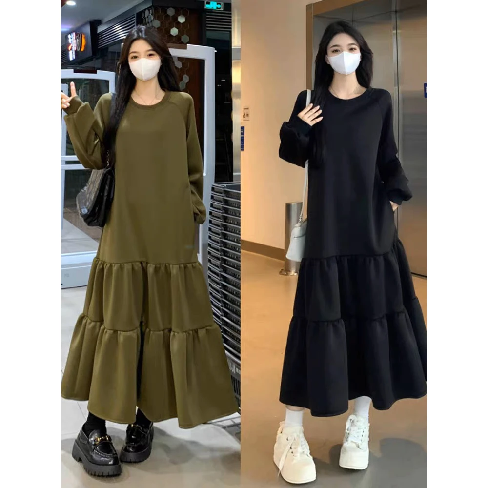 大码韩系高级感宽松卫衣裙女秋冬微胖mm长款显瘦遮垮大摆连衣裙女