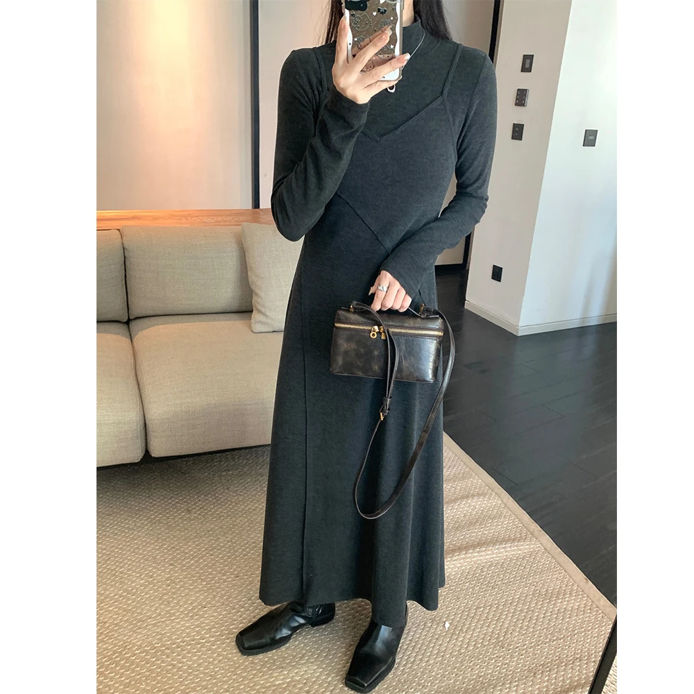 2024秋冬裙子/假两件高领针织黑色气质连衣裙女秋冬打底连衣裙