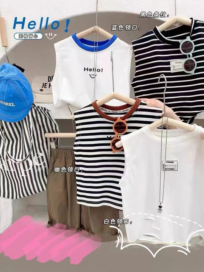 】夏季新款男童韩版帅气无袖圆领背心T恤洋气休闲清凉百搭白色条纹