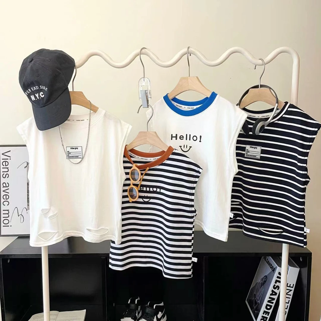 夏季新款男童韩版帅气无袖圆领背心T恤洋气休闲清凉百搭白色条纹