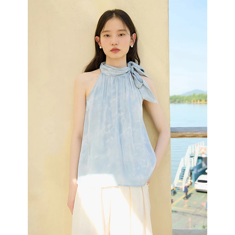 自巧小个子女装穿搭度假风挂脖衬衫漂亮碎花露肩上衣 24ZQ92486