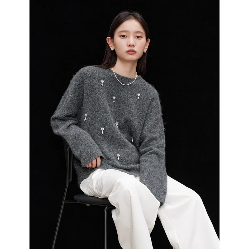 自巧小个子女装穿搭慵懒风针织衫设计感灰色套头毛衣 24ZQ93156