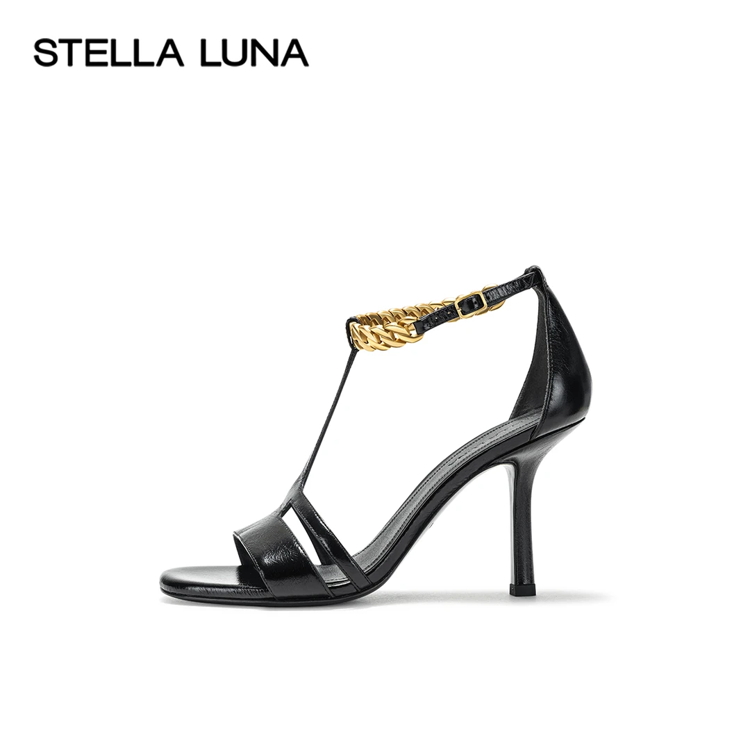 STELLA LUNA女鞋SS24官方黑色凉鞋气质金属链条镂空高跟凉鞋