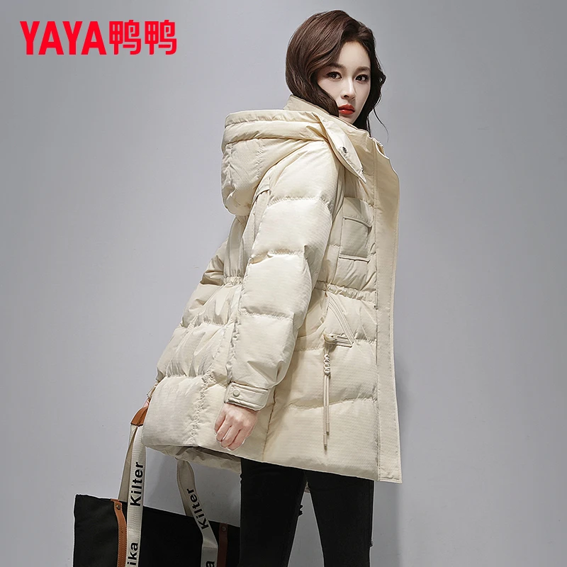 YAYA/鸭鸭中长款羽绒服女2024新款气质收腰显瘦冬季加厚保暖外套