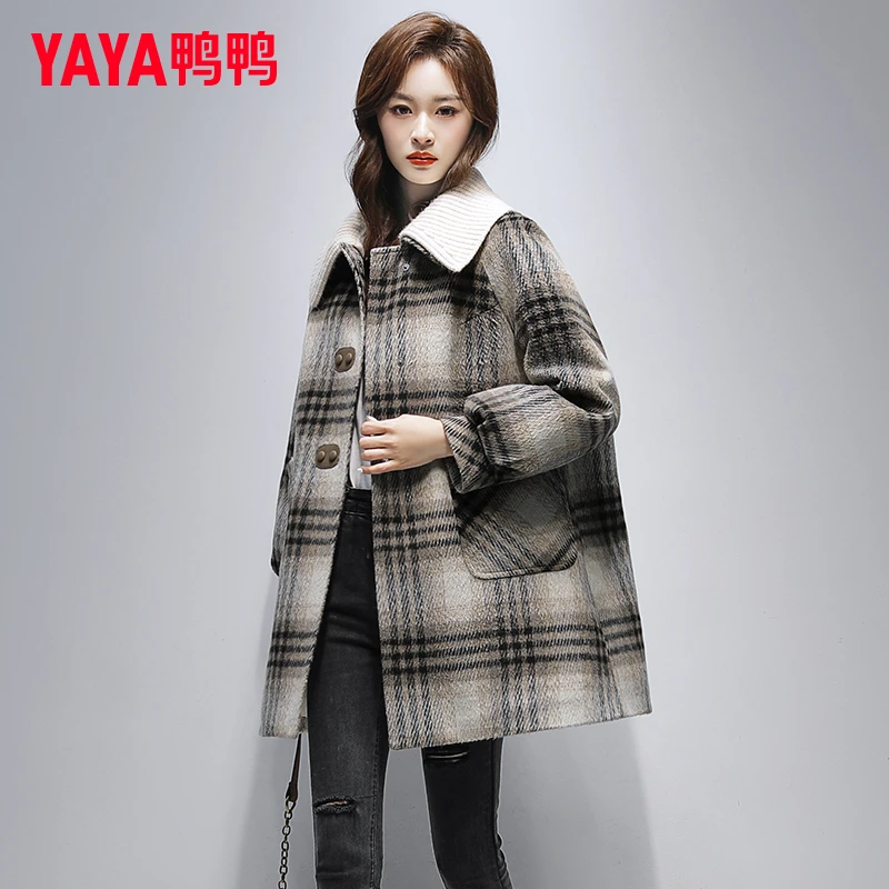YAYA/鸭鸭冬羽绒服女中长款2024新款高级感针织翻领呢大衣外套潮
