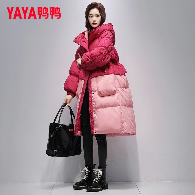 YAYA/鸭鸭中长款羽绒服女2025新款冬季加厚大被子款撞色连帽外套