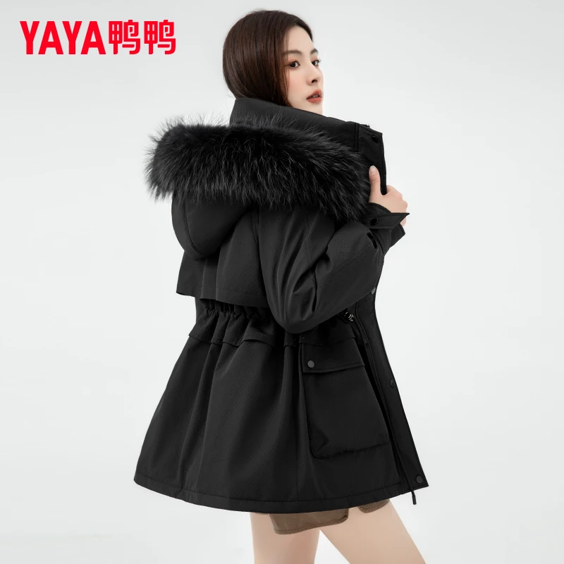 YAYA/鸭鸭大毛领羽绒服女中长款2024冬新款连帽收腰显瘦工装外套