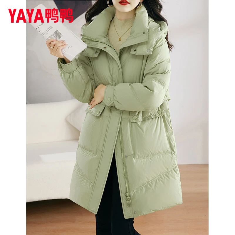 YAYA/鸭鸭羽绒服女中长款2025冬季韩版时尚设计感加厚连帽外套