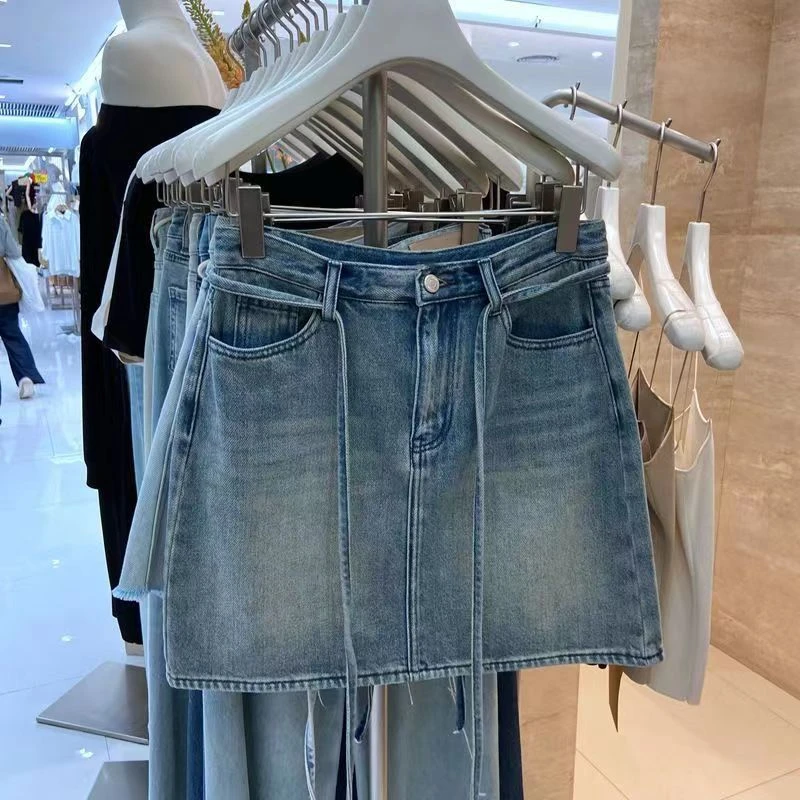 夏季新款美式胖MM显瘦系带牛仔半身裙女高腰包臀A字休闲时尚短裙