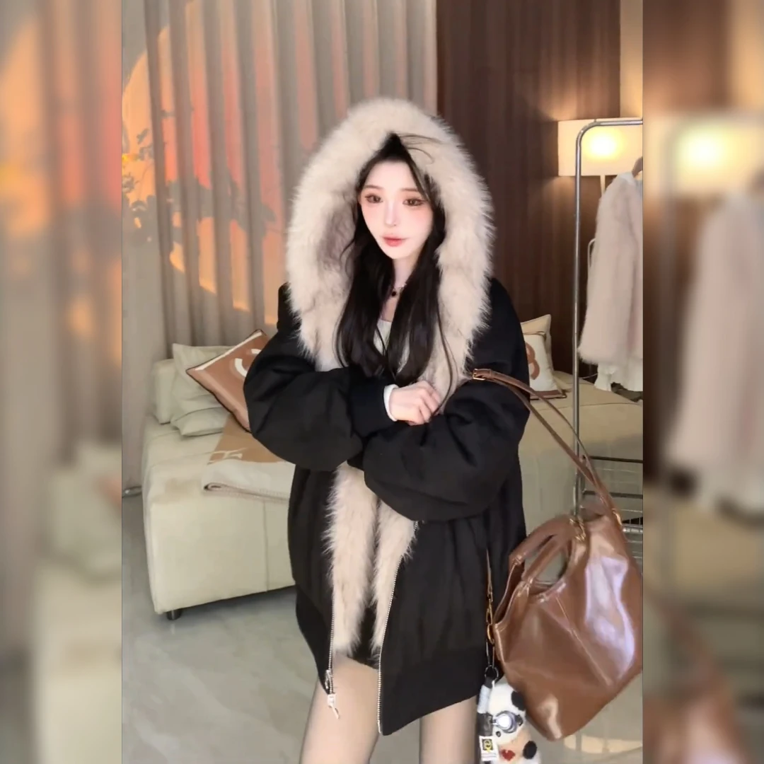 美式复古潮流上衣2024冬季新款设计感正反两穿双拉链宽松连帽外套