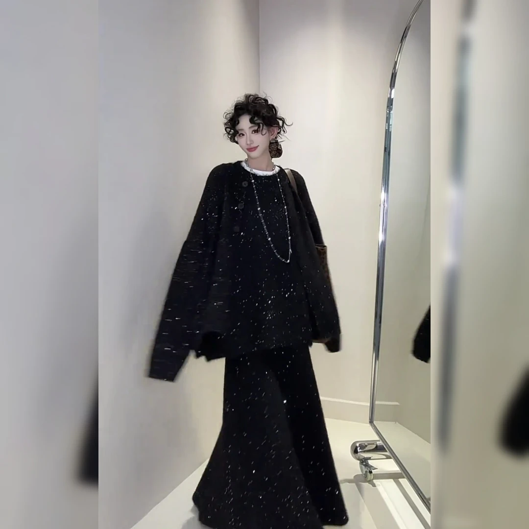 月落星河~韩版气质高级感宽松闪闪毛衣上衣松紧腰鱼尾半身裙套装