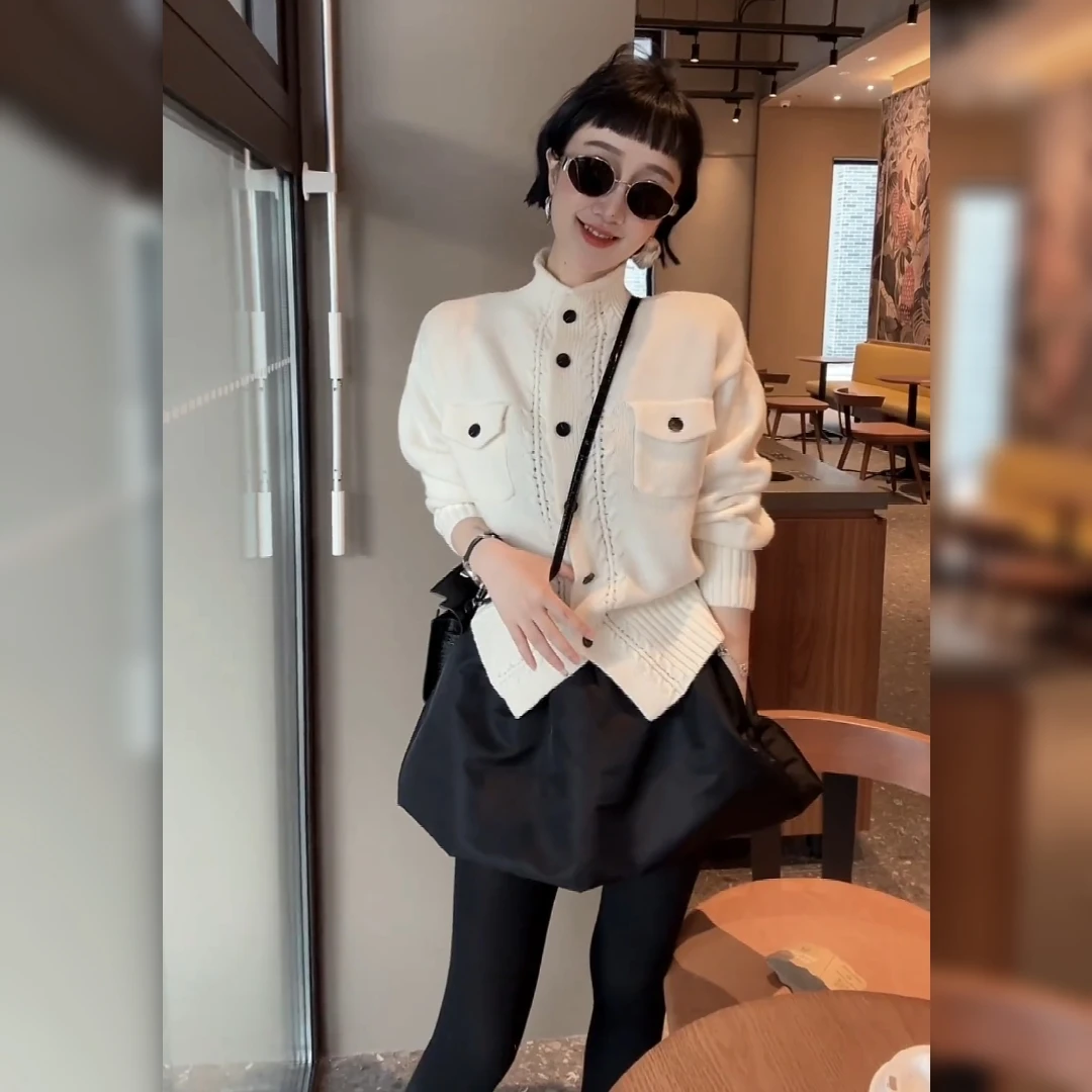 韩版慵懒感时尚显瘦立领针织开衫外套+个性短款南瓜半身裙两件套