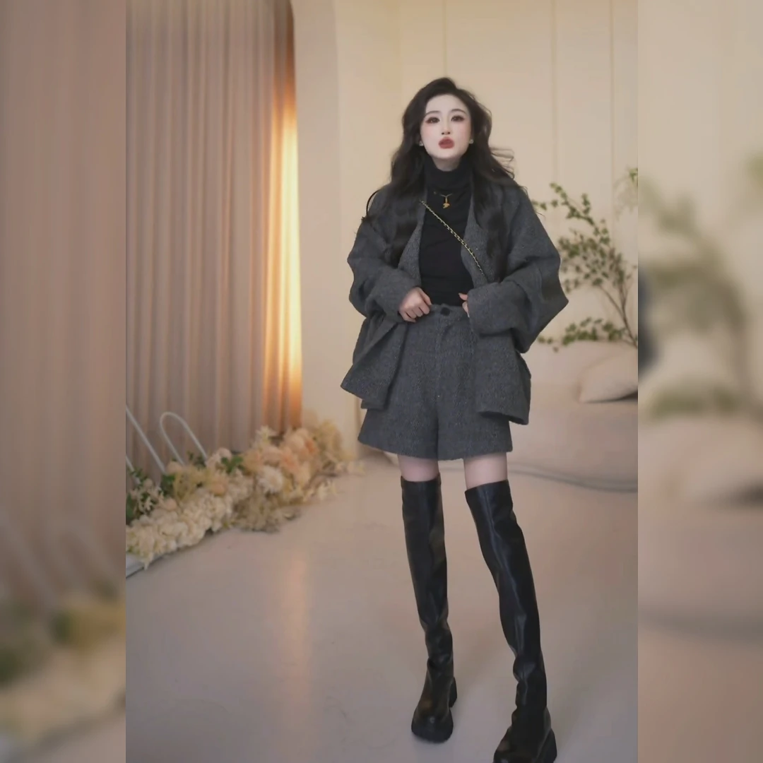 简约大气韩版时尚休闲两件套秋冬新款V领宽松加厚外套+显瘦超短裤
