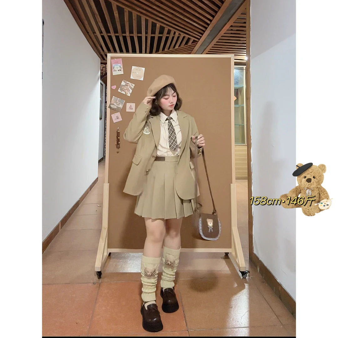 【现货】【妮妮酱】大码甜妹英伦学院风宽松西服带领带四件套套装