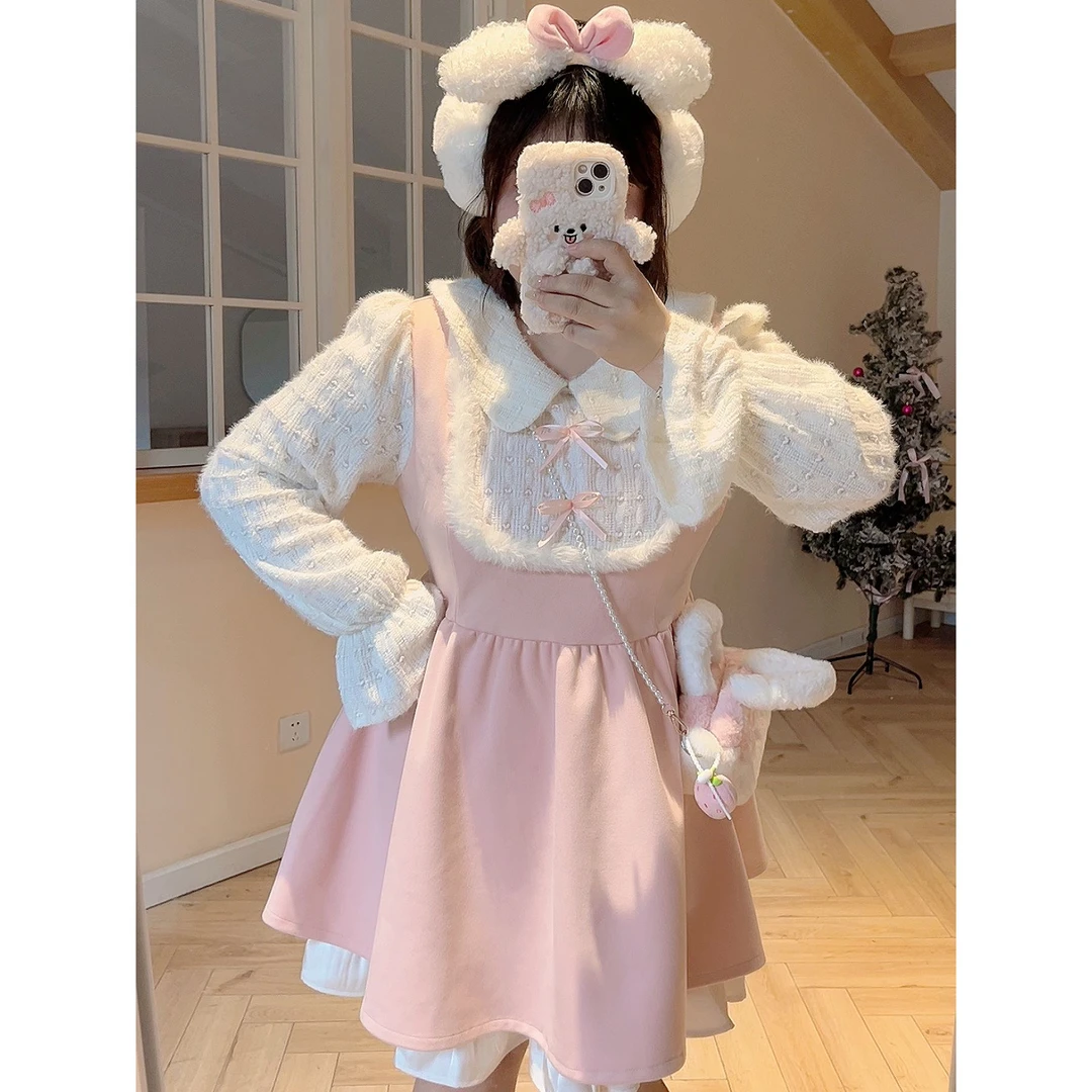 【现货】【看得出她是公主】大码甜妹冬新款毛呢加厚撞色拼接连衣裙